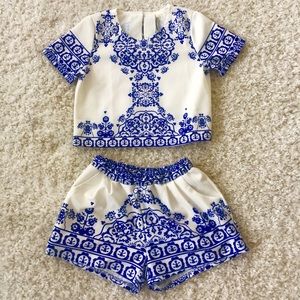 Shein White Blue Floral Two Piece Top and Short